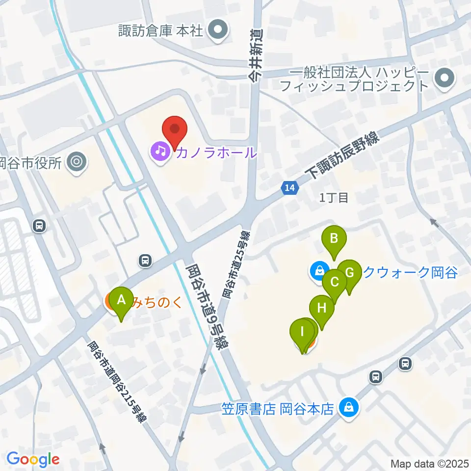 カノラホール 岡谷市文化会館周辺のファミレス・ファーストフード一覧地図