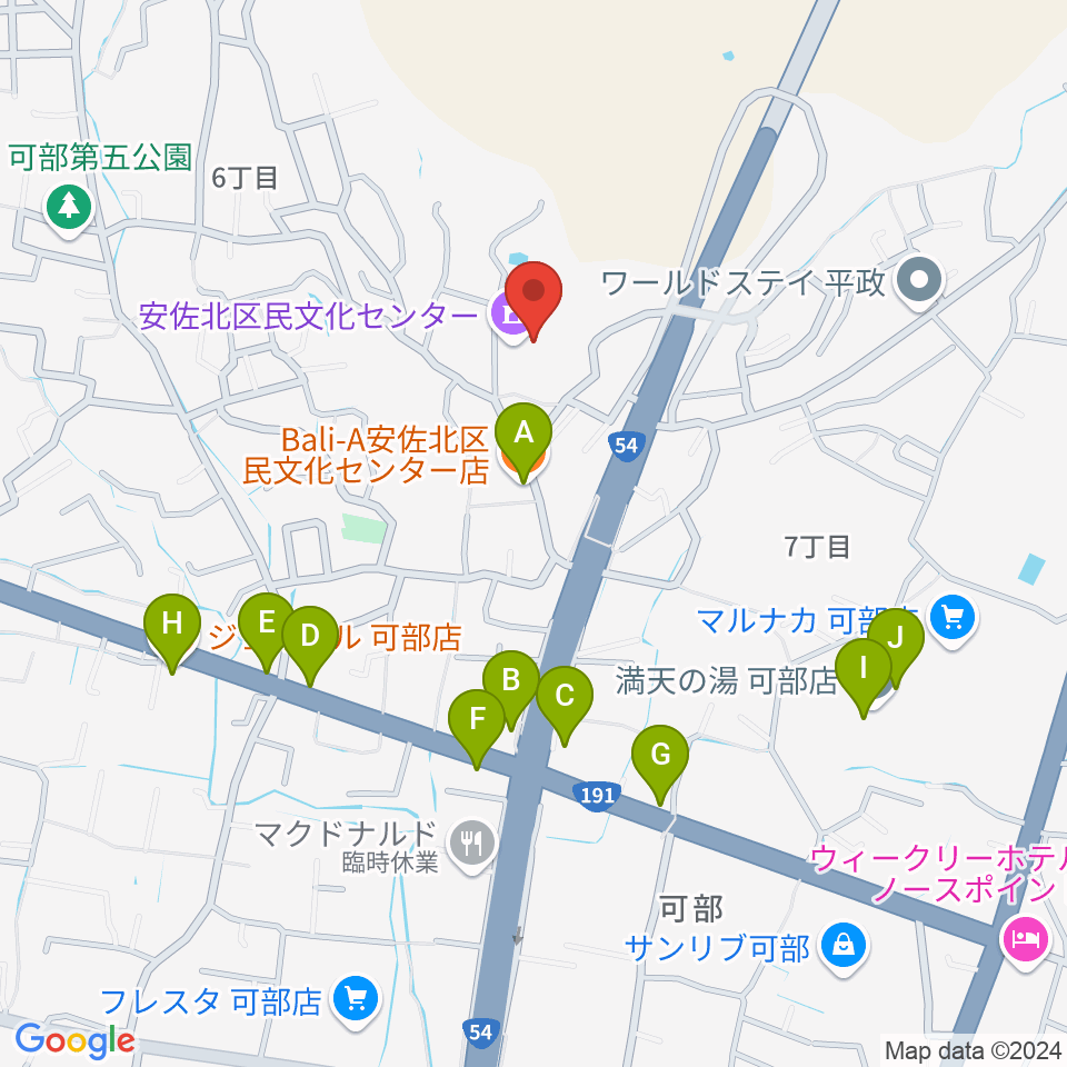 安佐北区民文化センター周辺のファミレス・ファーストフード一覧地図