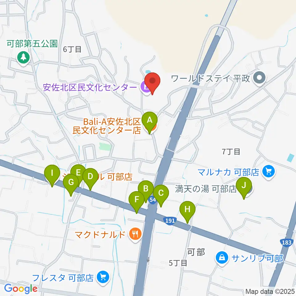 安佐北区民文化センター周辺のファミレス・ファーストフード一覧地図