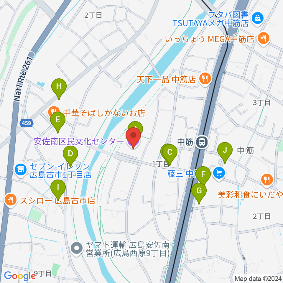 マエダハウジング安佐南区民文化センター周辺のファミレス・ファーストフード一覧地図