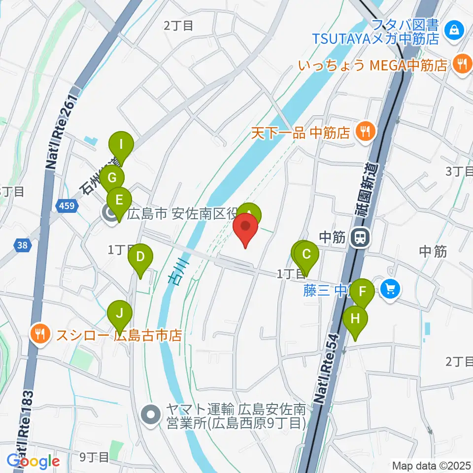 マエダハウジング安佐南区民文化センター周辺のファミレス・ファーストフード一覧地図