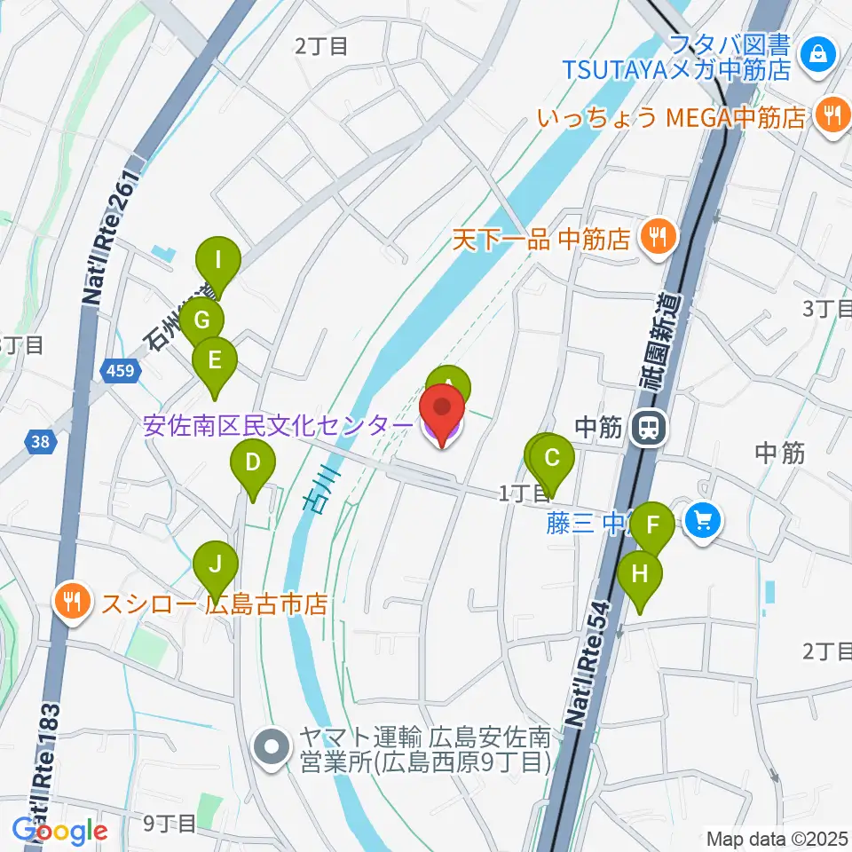 マエダハウジング安佐南区民文化センター周辺のファミレス・ファーストフード一覧地図