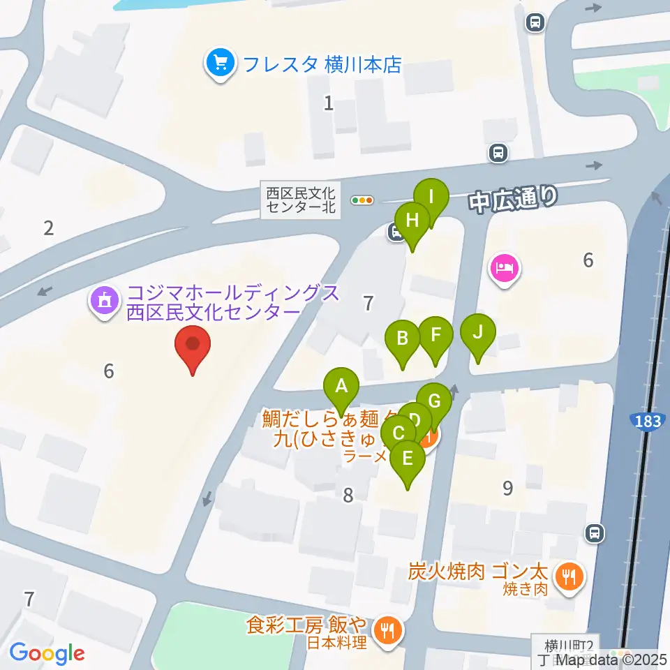 コジマホールディングス西区民文化センター周辺のファミレス・ファーストフード一覧地図