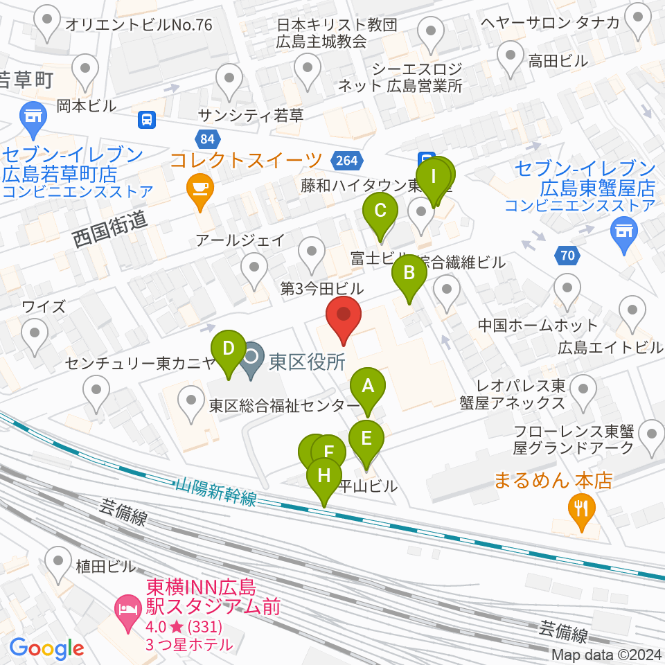 広島市東区民文化センター周辺のファミレス・ファーストフード一覧地図