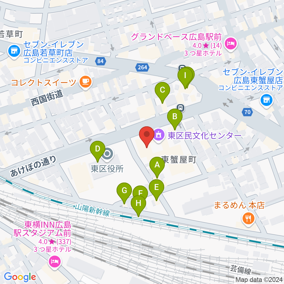 広島市東区民文化センター周辺のファミレス・ファーストフード一覧地図