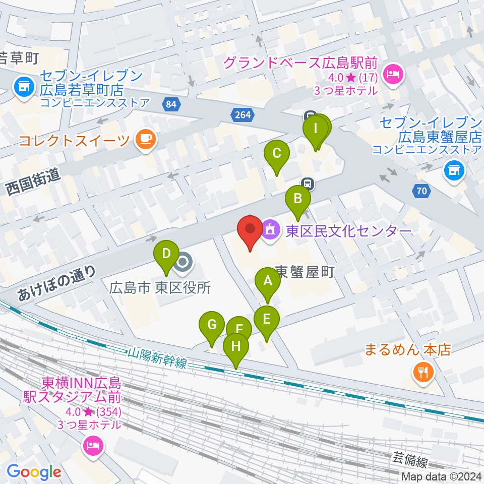 広島市東区民文化センター周辺のファミレス・ファーストフード一覧地図