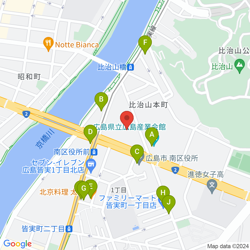 広島市南区民文化センター周辺のファミレス・ファーストフード一覧地図