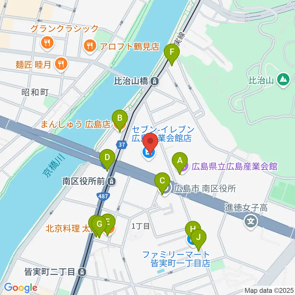 広島市南区民文化センター周辺のファミレス・ファーストフード一覧地図