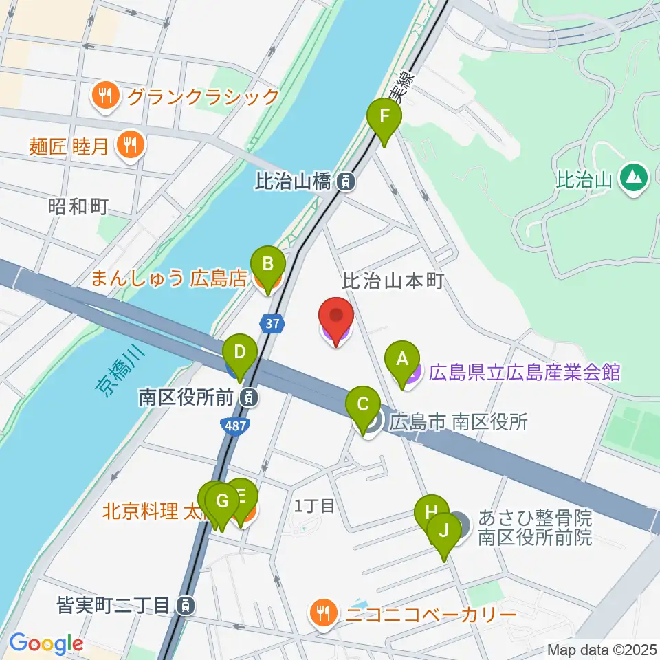 広島市南区民文化センター周辺のファミレス・ファーストフード一覧地図