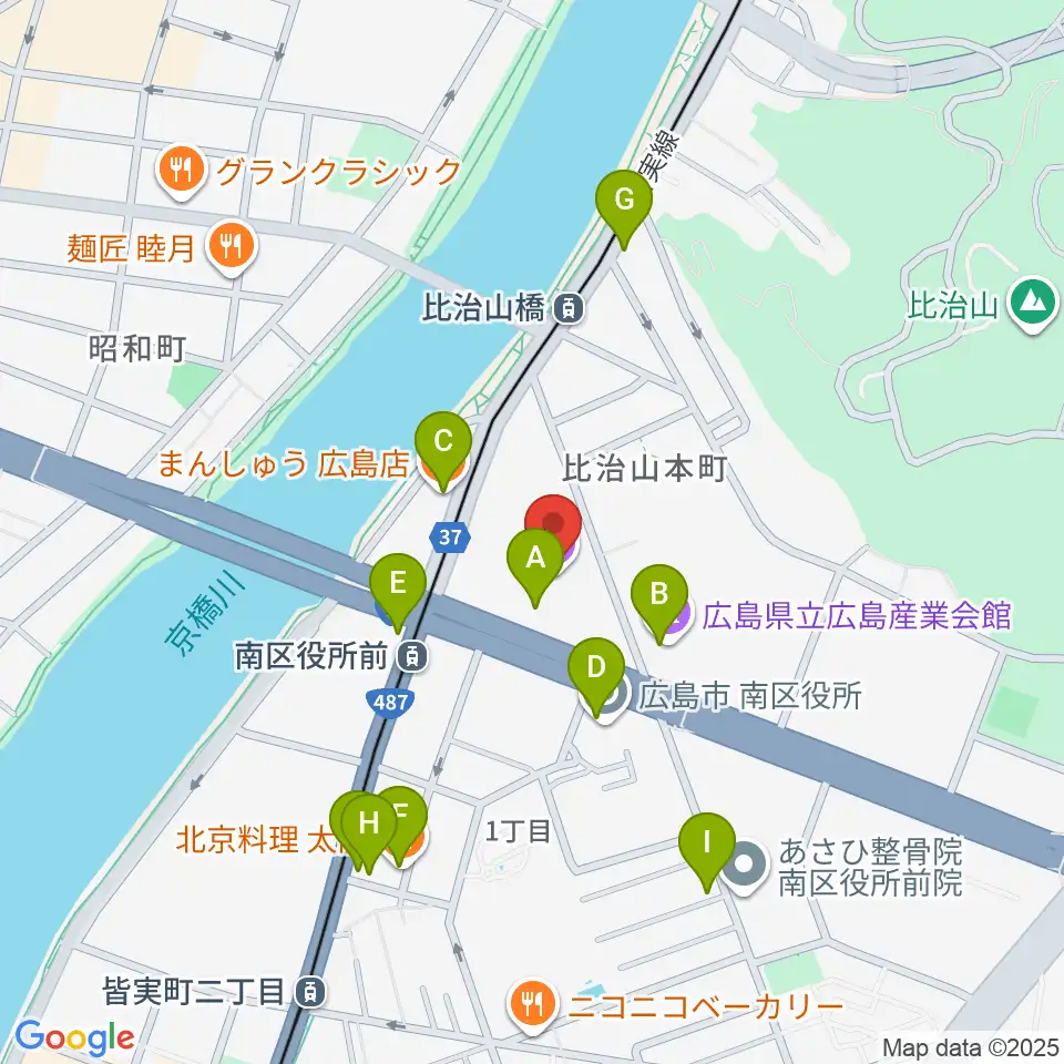 広島市南区民文化センター周辺のファミレス・ファーストフード一覧地図