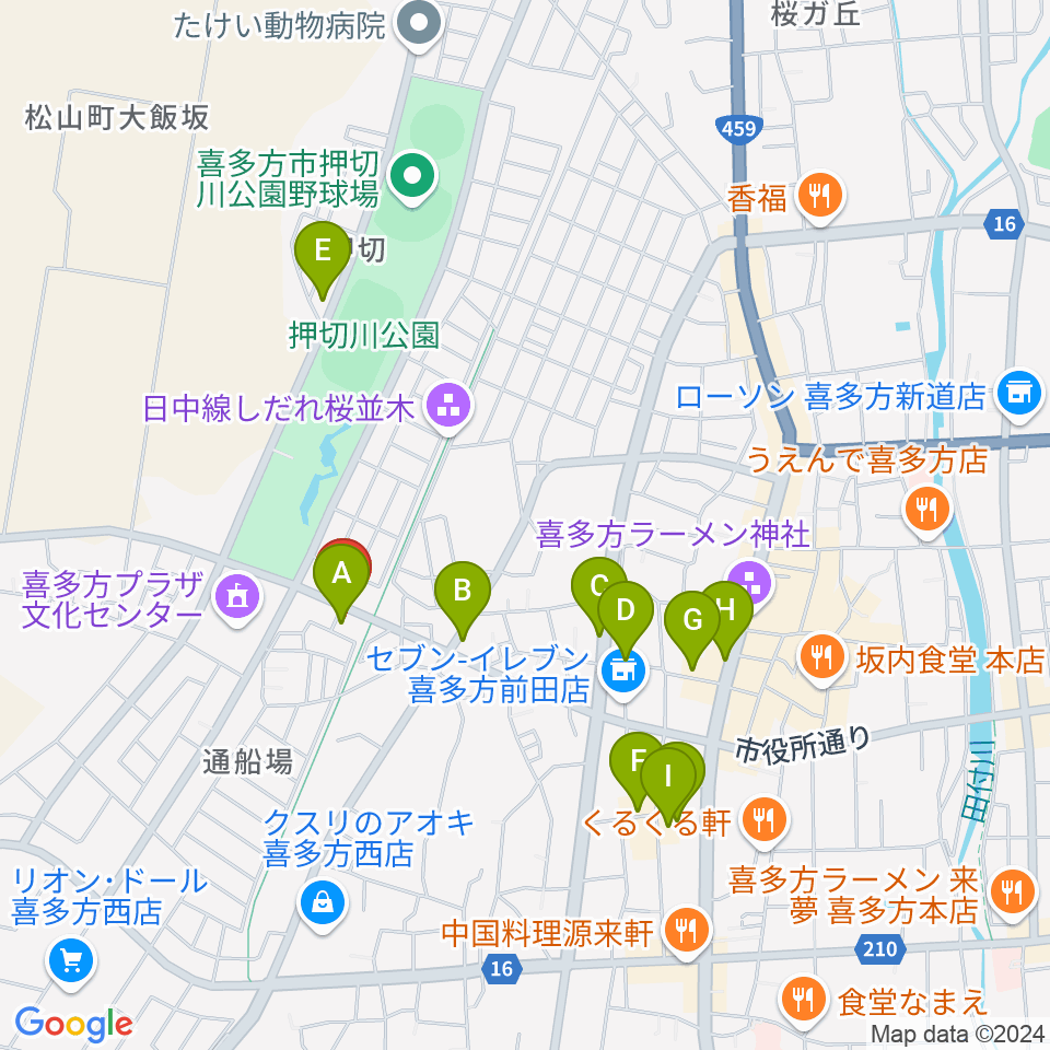 喜多方シティエフエム周辺のファミレス・ファーストフード一覧地図