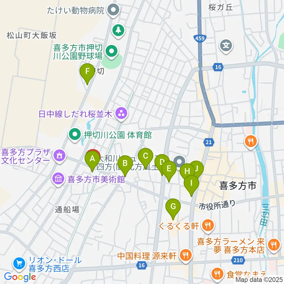 喜多方シティエフエム周辺のファミレス・ファーストフード一覧地図