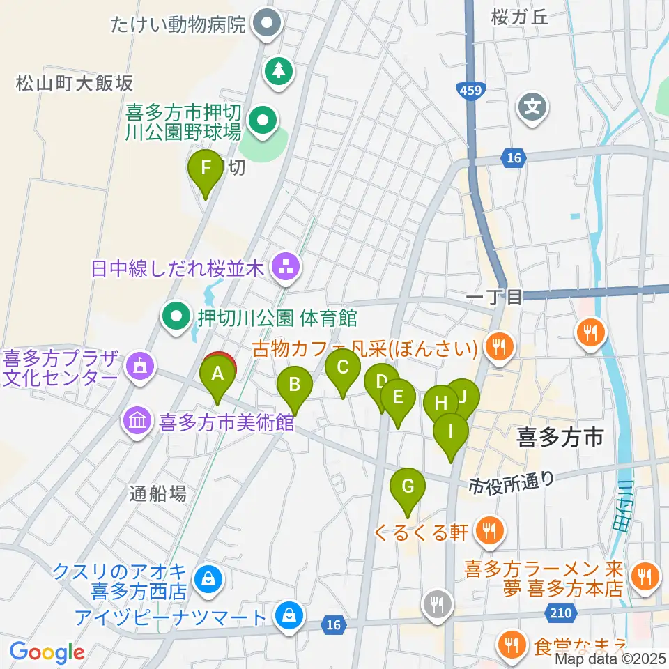 喜多方シティエフエム周辺のファミレス・ファーストフード一覧地図