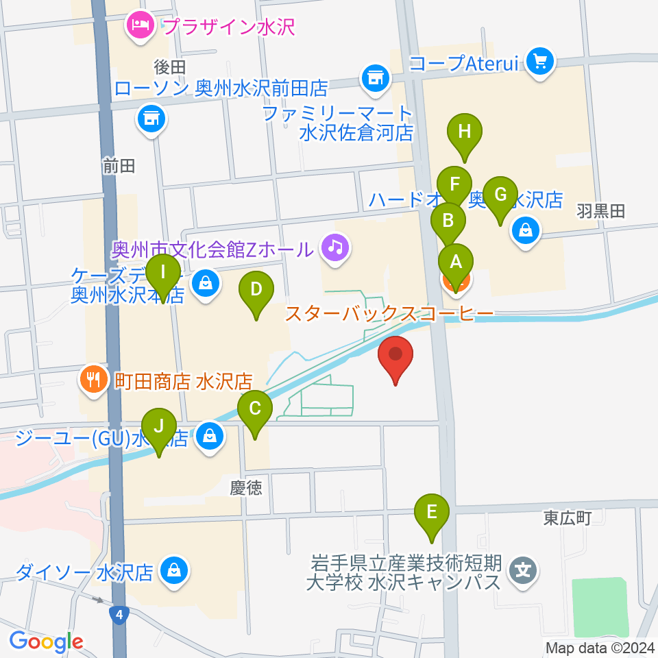 奥州エフエム周辺のファミレス・ファーストフード一覧地図