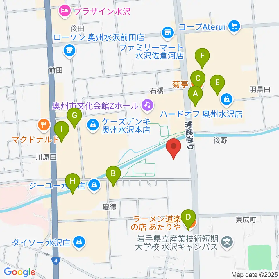 奥州エフエム周辺のファミレス・ファーストフード一覧地図