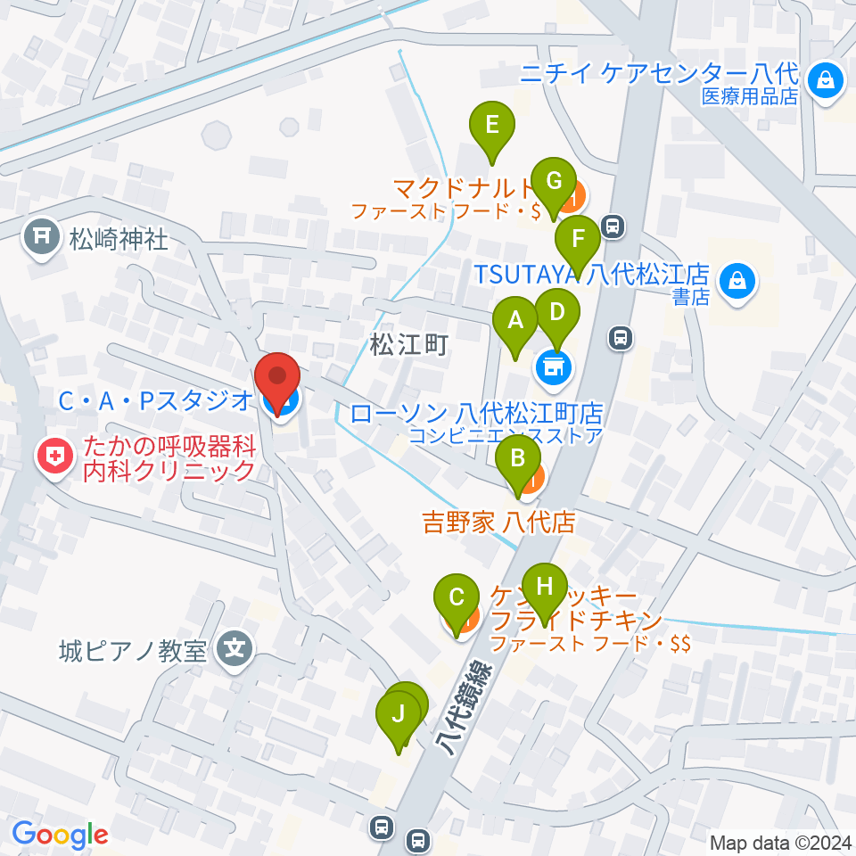 エフエムやつしろ かっぱFM周辺のファミレス・ファーストフード一覧地図