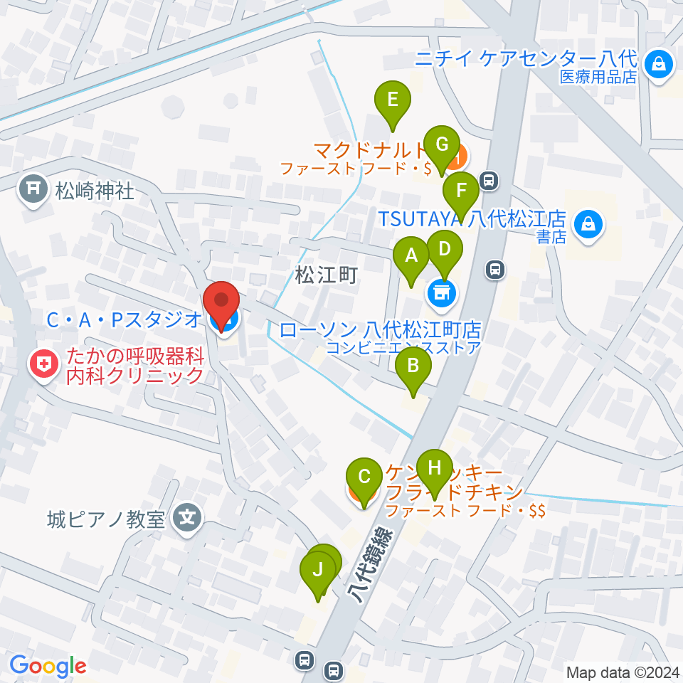 エフエムやつしろ かっぱFM周辺のファミレス・ファーストフード一覧地図