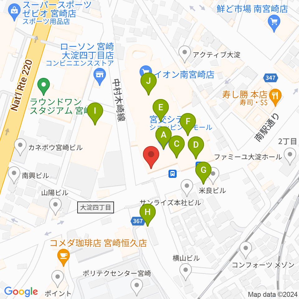 宮崎サンシャインFM周辺のファミレス・ファーストフード一覧地図