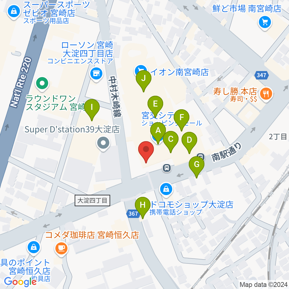 宮崎サンシャインFM周辺のファミレス・ファーストフード一覧地図