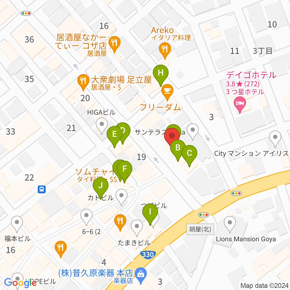 FMコザ周辺のファミレス・ファーストフード一覧地図