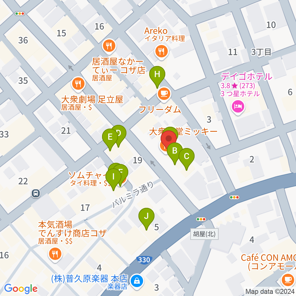 FMコザ周辺のファミレス・ファーストフード一覧地図