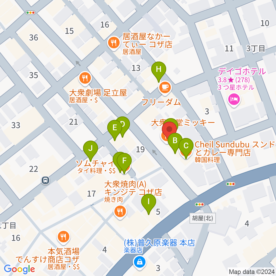 FMコザ周辺のファミレス・ファーストフード一覧地図