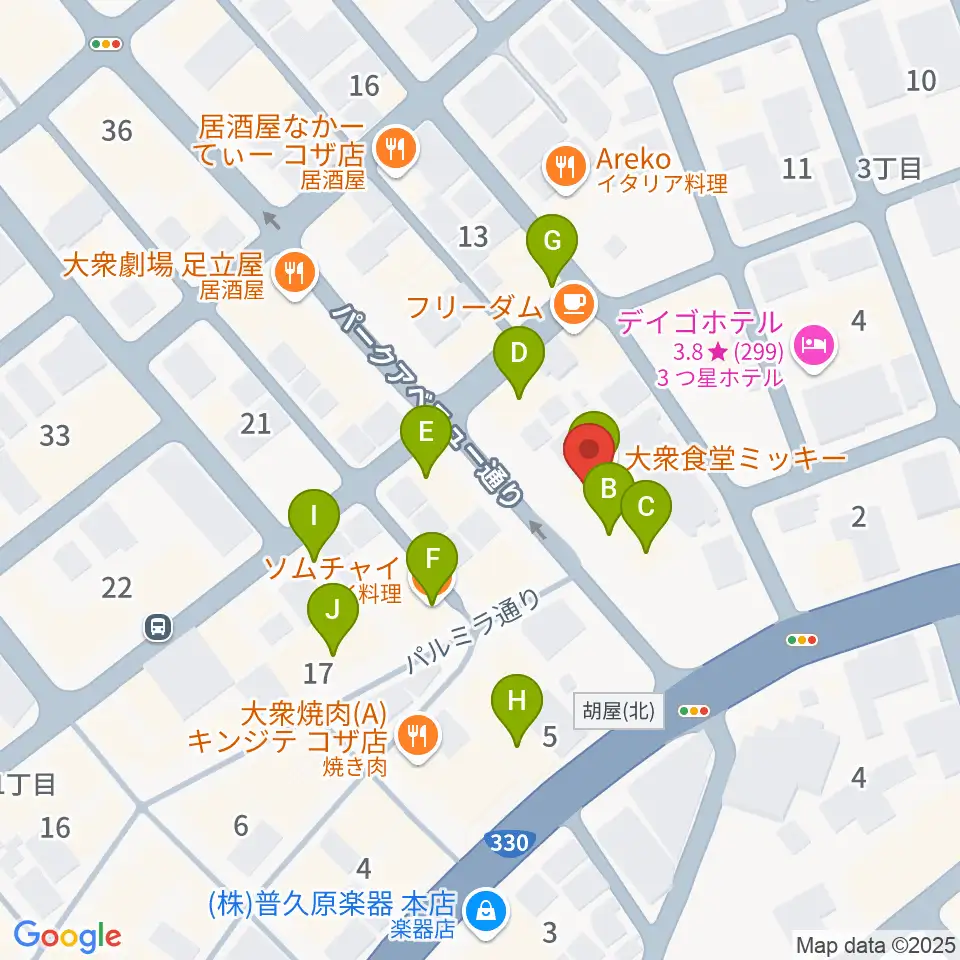FMコザ周辺のファミレス・ファーストフード一覧地図