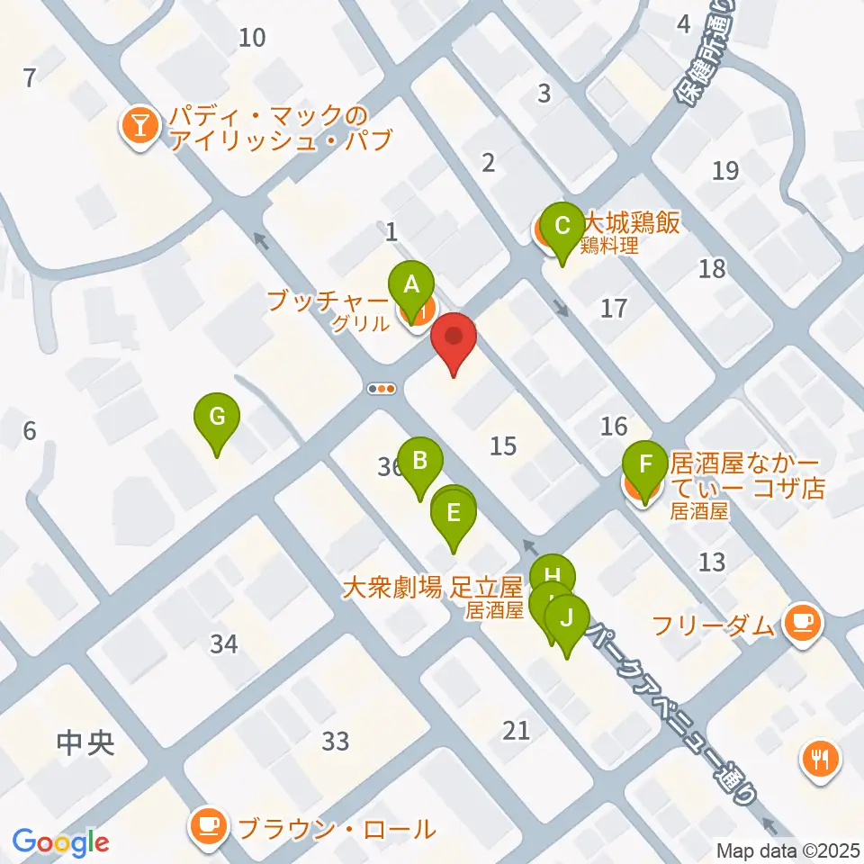 FMコザ周辺のファミレス・ファーストフード一覧地図