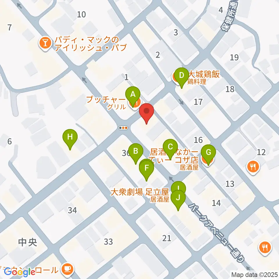 FMコザ周辺のファミレス・ファーストフード一覧地図