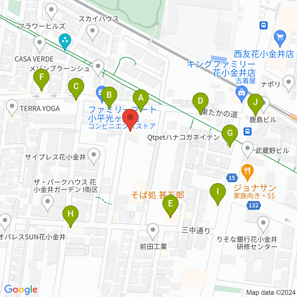 花小金井ライブハウスTSP周辺のファミレス・ファーストフード一覧地図