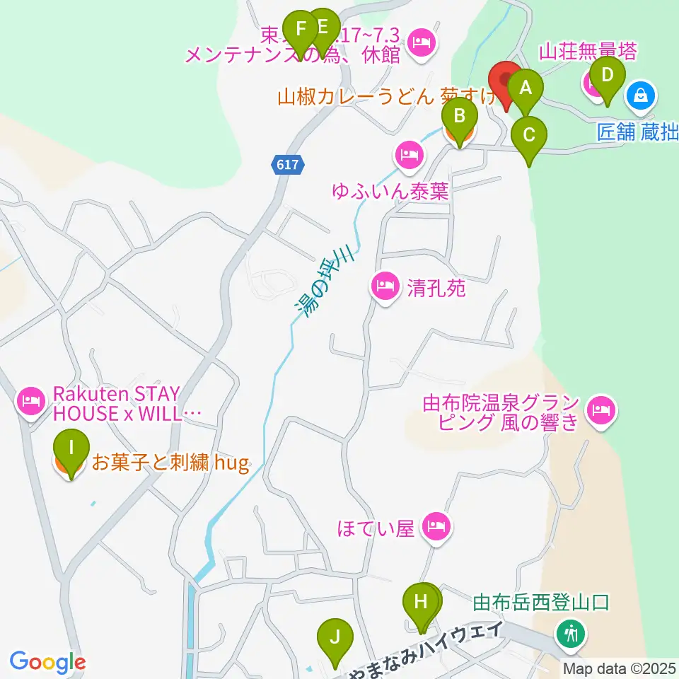 ゆふいんラヂオ局周辺のファミレス・ファーストフード一覧地図