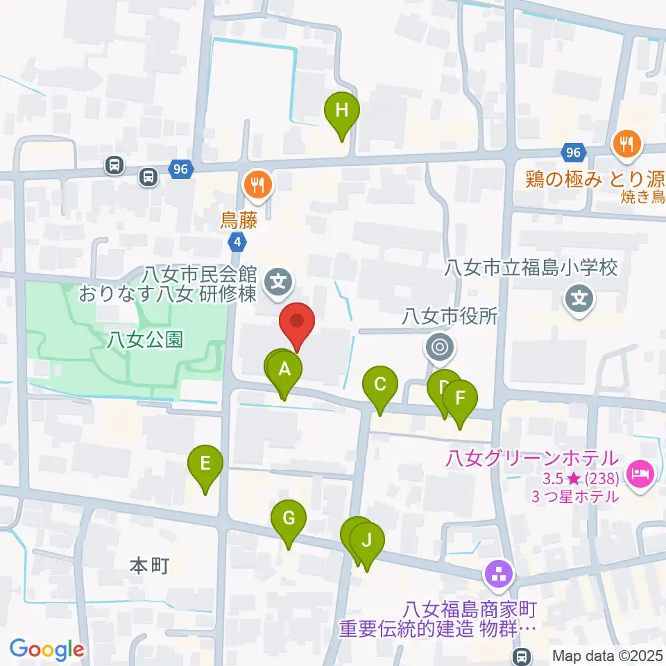八女市民会館 おりなす八女周辺のファミレス・ファーストフード一覧地図