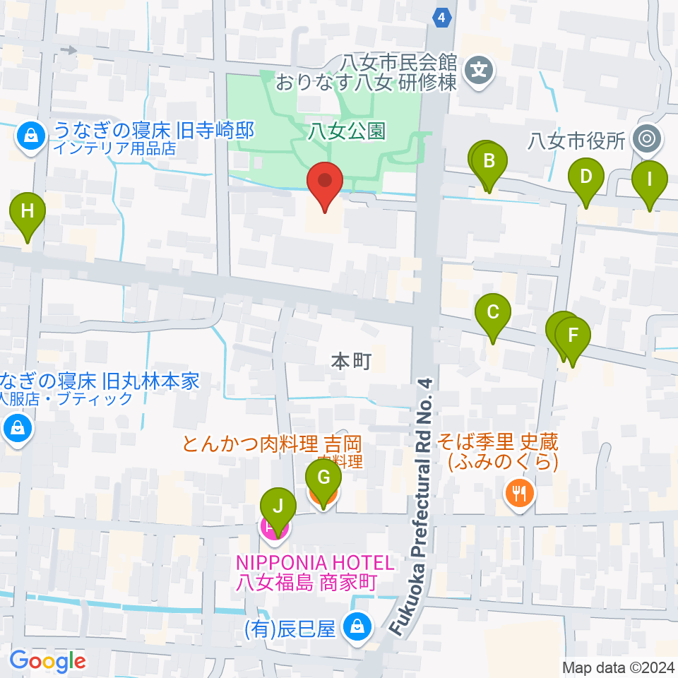 八女文化会館周辺のファミレス・ファーストフード一覧地図