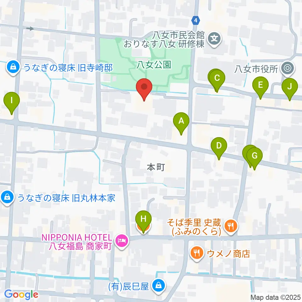 八女文化会館周辺のファミレス・ファーストフード一覧地図