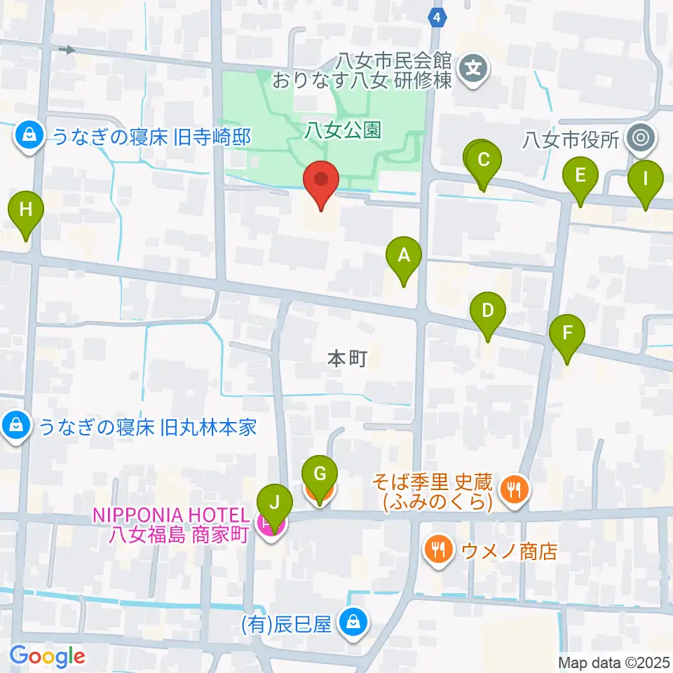 八女文化会館周辺のファミレス・ファーストフード一覧地図