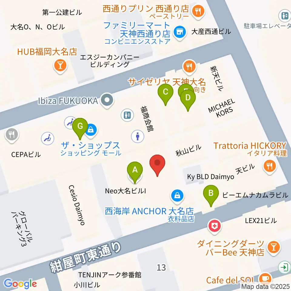 コミュニティラジオ天神周辺のファミレス・ファーストフード一覧地図