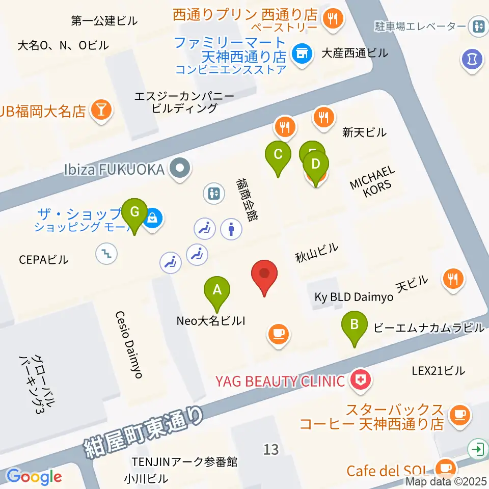 コミュニティラジオ天神周辺のファミレス・ファーストフード一覧地図