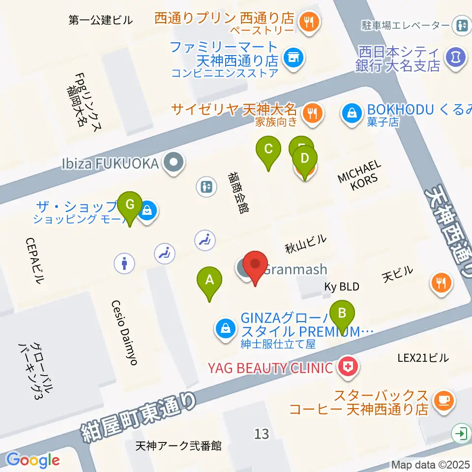 コミュニティラジオ天神周辺のファミレス・ファーストフード一覧地図