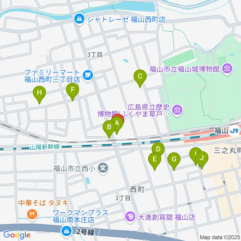 レディオBINGO エフエムふくやま周辺のファミレス・ファーストフード一覧地図