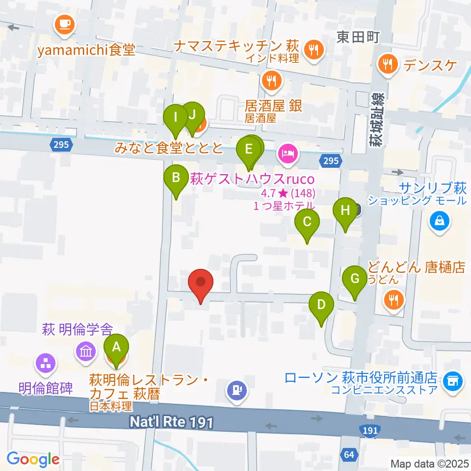 エフエム萩周辺のファミレス・ファーストフード一覧地図