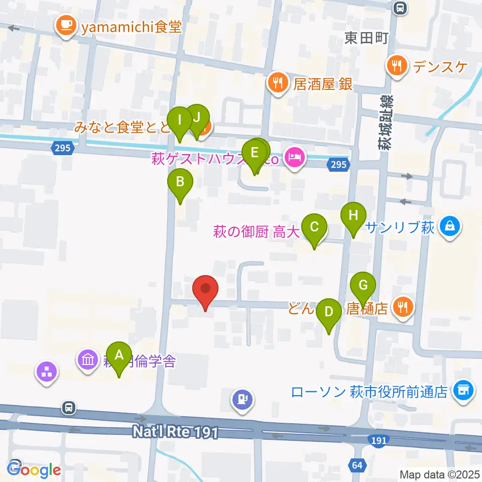 エフエム萩周辺のファミレス・ファーストフード一覧地図