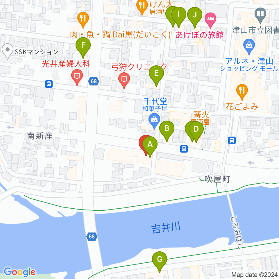 エフエムつやま周辺のファミレス・ファーストフード一覧地図