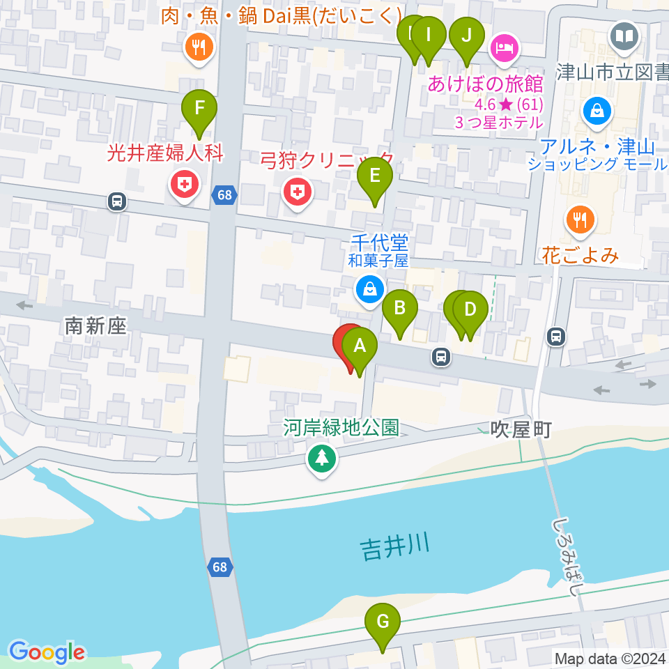 エフエムつやま周辺のファミレス・ファーストフード一覧地図