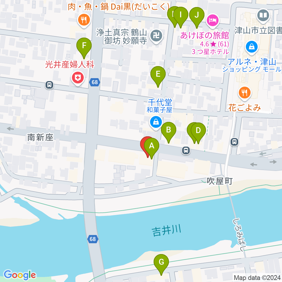 エフエムつやま周辺のファミレス・ファーストフード一覧地図