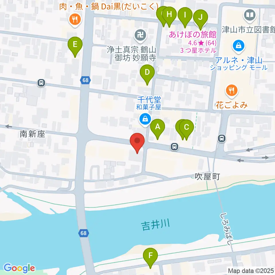 エフエムつやま周辺のファミレス・ファーストフード一覧地図