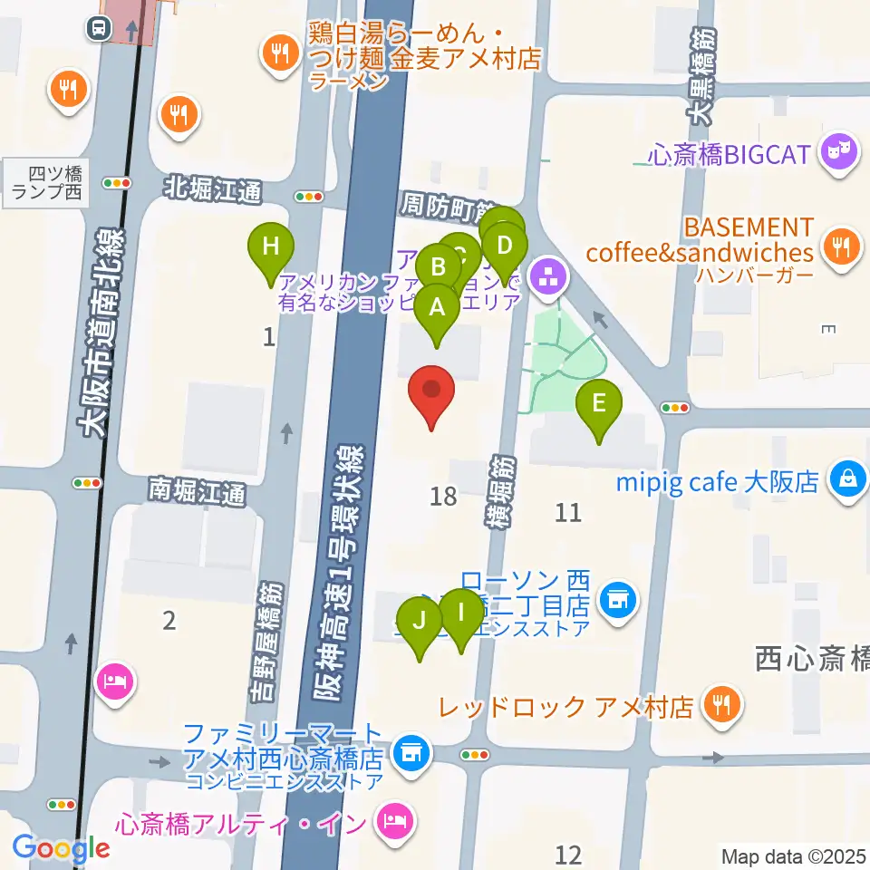 アメリカ村DROP周辺のファミレス・ファーストフード一覧地図