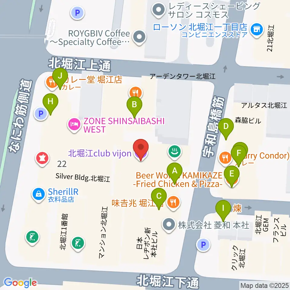 北堀江club vijon周辺のファミレス・ファーストフード一覧地図