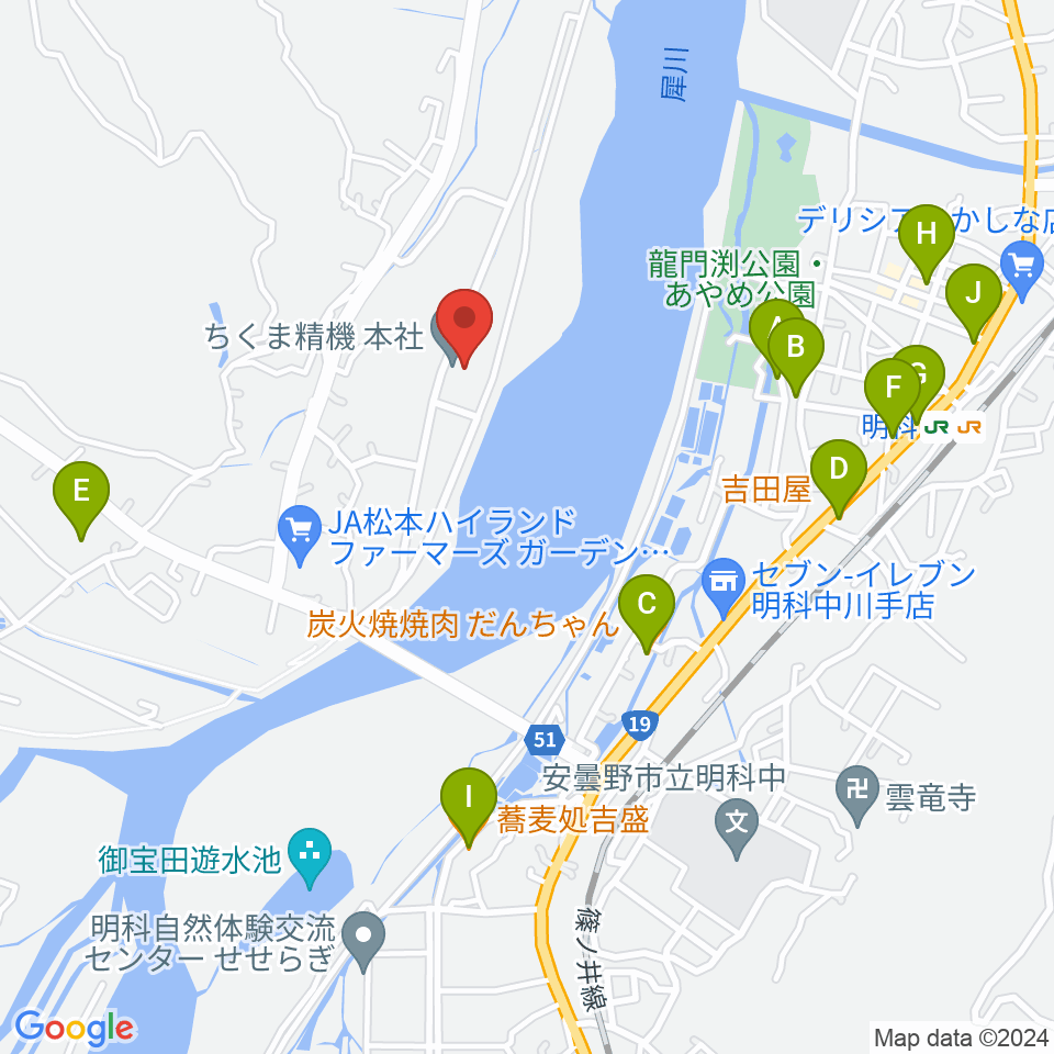 あづみ野エフエム周辺のファミレス・ファーストフード一覧地図