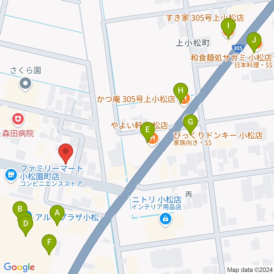 ラジオこまつ周辺のファミレス・ファーストフード一覧地図