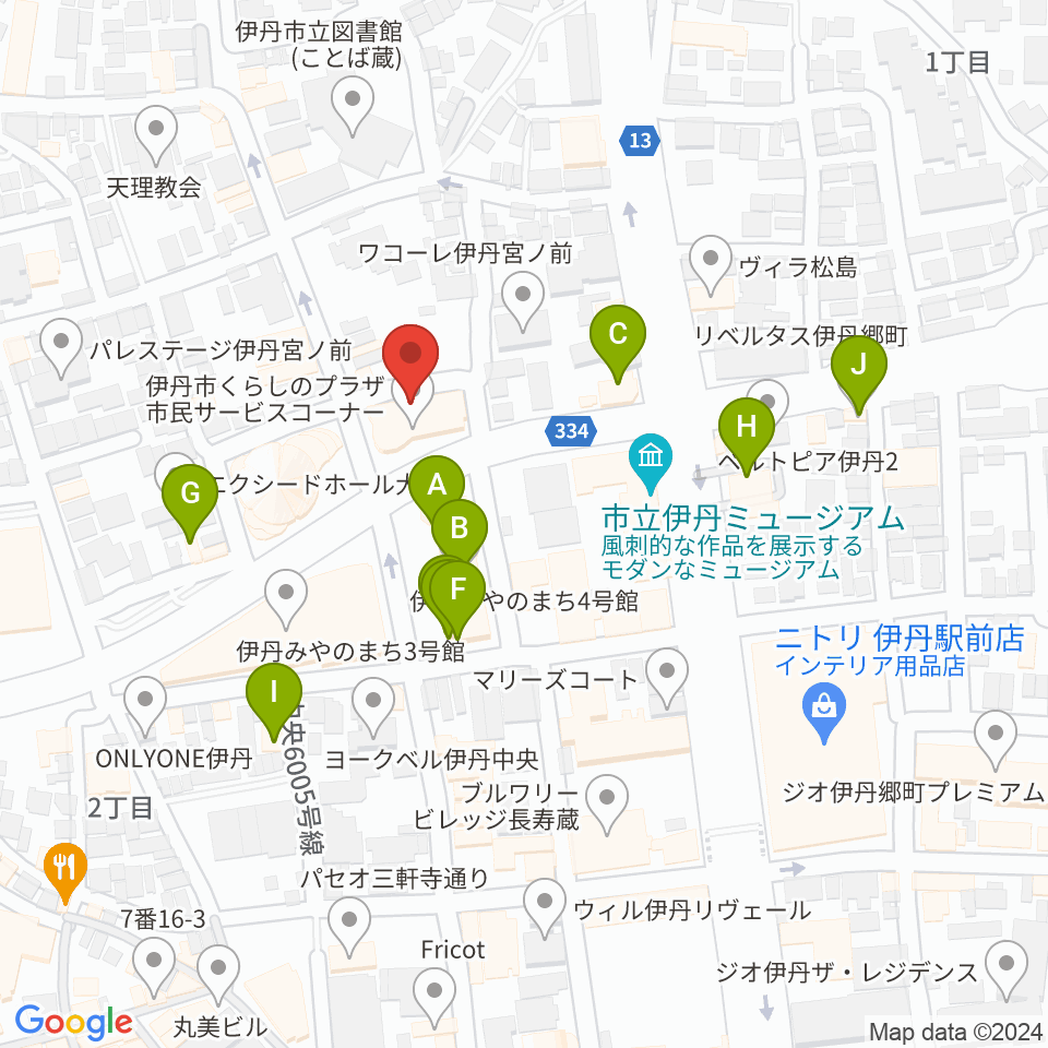 ハッピーエフエムいたみ周辺のファミレス・ファーストフード一覧地図